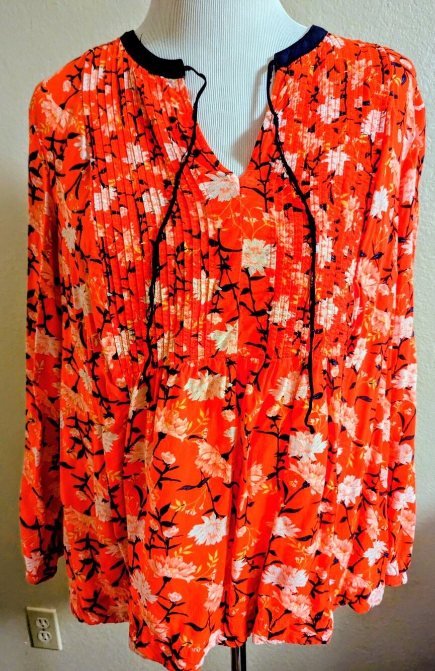 Old Navy Women’s Large Orange Floral Pintuck Boho Peasant Blouse Long Sleeve